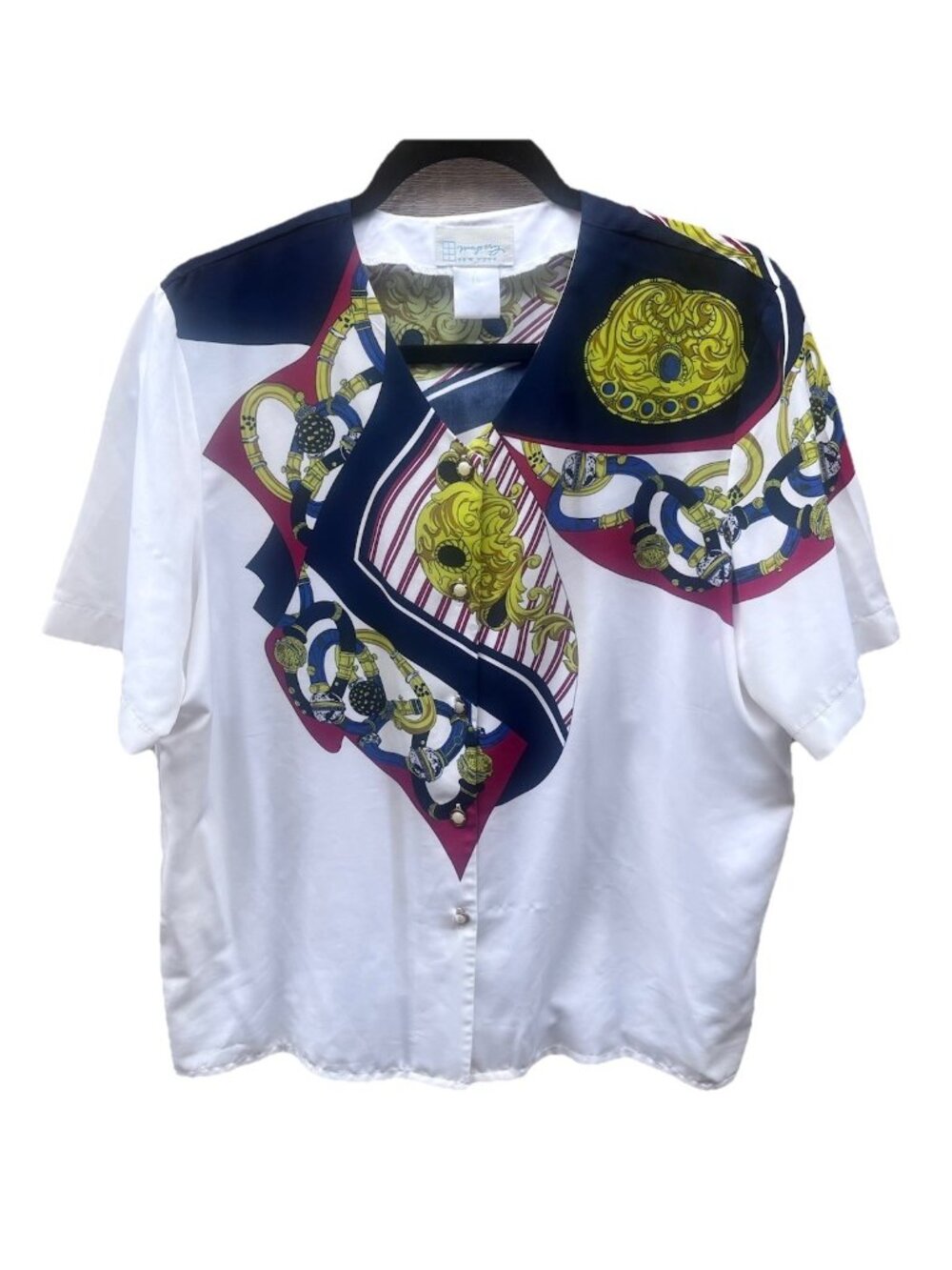 vintage Navy gold Red ornate baroque patterned Silky Pearl button  blouse sz 14